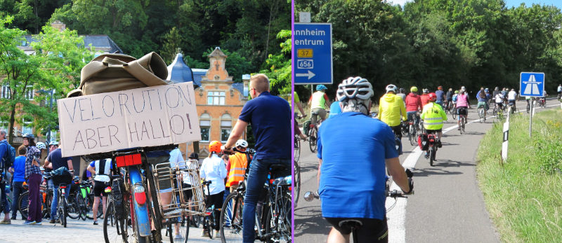 Demo-Impressionen: Fahrrad mit Pappschild "Velorution jetzt", Fahrraddemo fährt auf eine Autobahnauffahrt