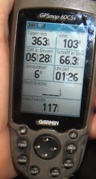 A GPS machine showing lots of numbers, among them 117 km/h