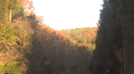 A curved railtrack in a valley, on the slopes of which are colourful trees.