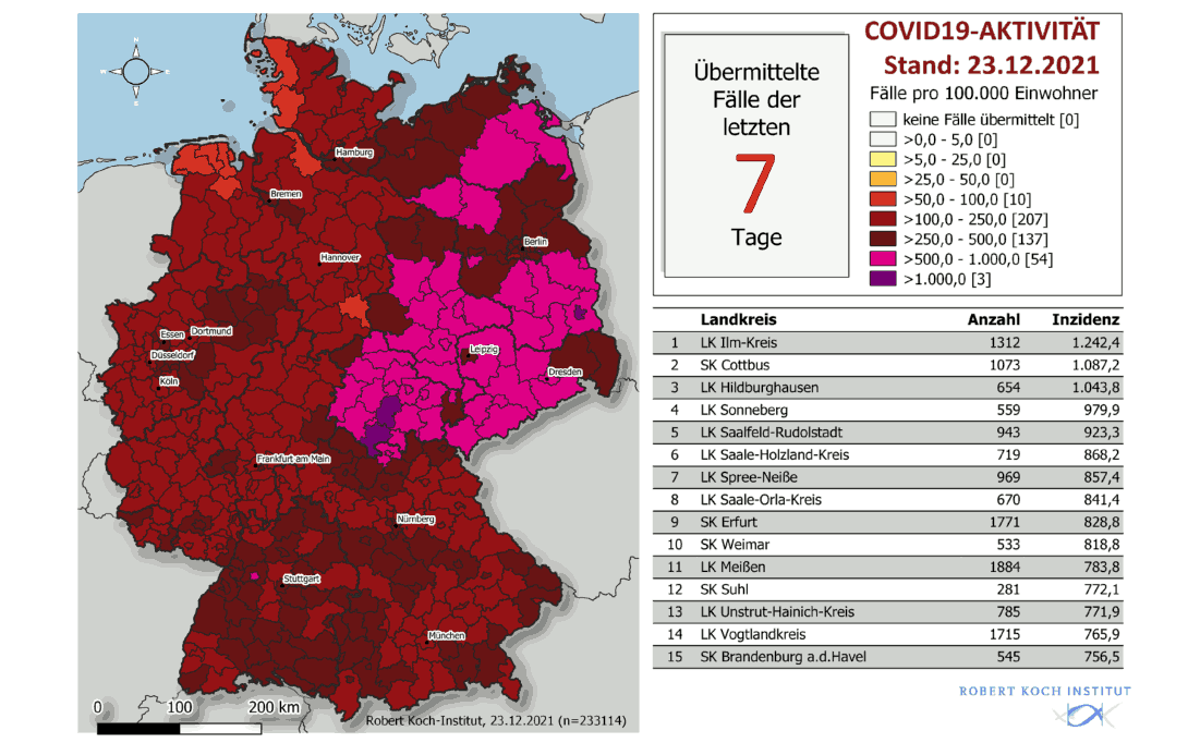 Deutschlandkarte mit Inzidenzen: die alten Grenzen sind unschwer sichtbar