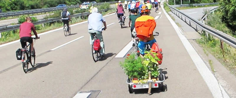 Fahrräder auf einer autobahnähnlichen Straße, ein Anhänger mit Blumen