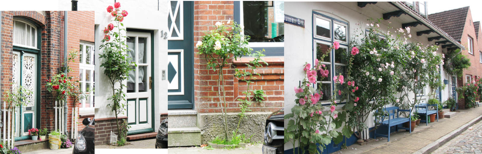 Montage aus drei spektakulären Szenen mit Blumen vor Haustüren