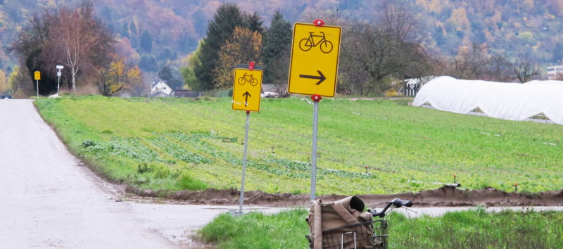 Foto: Zwei Fahrrad-Umleitungsschilder, die in verschiedene Richtungen weisen.