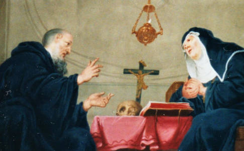 Detail aus einem gemalten Bild: Benedikt gestikuliert, Scholastika betet ihn an