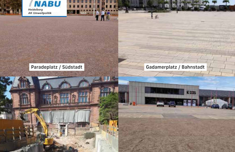 Vier Fotos von Plätzen in Heidelberg mit viel Beton