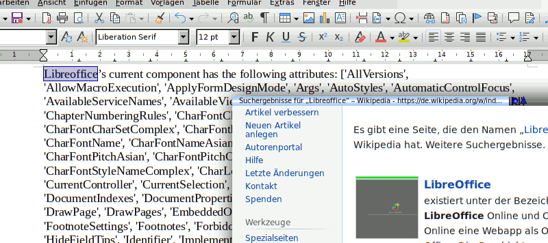 Screenshot: a libreoffice window with the string "Libreoffice" selected, behind a browser window with a wikipedia search result for libreoffice.