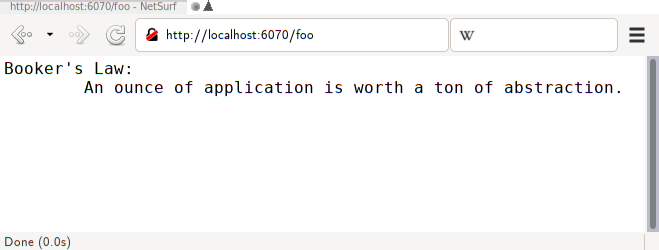 Screenshot of a browser window showing http://localhost:6070/foo and a fortune cookie in glorious ASCII.