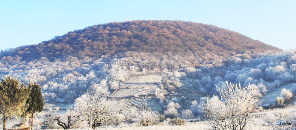 Foto: Ein Berg, unten wie von Schnee weiß überpudert, oben eher braun.