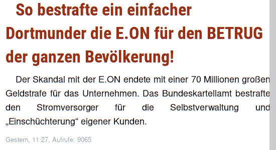 Screenshot mit Text: „So bestrafte ein einfacher Dortmunder die E.ON für den BETRUG and der ganzen Bevölkerung“
