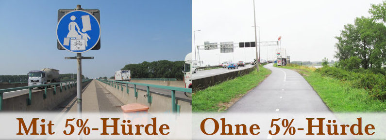 Geteiltes Bild: Links ein gammeliger, zwischen zwei Autobahn-Fahrspuren eingeklemmter Weg mit Fahrradfreigabe, rechts ein großzügiger, zweispuriger Fahrradweg, der in gebührendem Abstand von lärmenden Autos geführt wird.