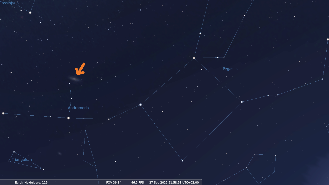 Eine Sternkarte von Pegasus und Andromeda, in der die Position des Andromeda-Nebels markiert ist.