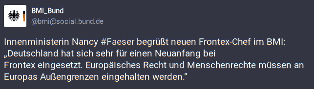 Screenshot mit dem zitierten Text unten und dem Logo des Bundesinnenministerium sowie dessen Fediverse-Handle, @bmi@social.bund.de