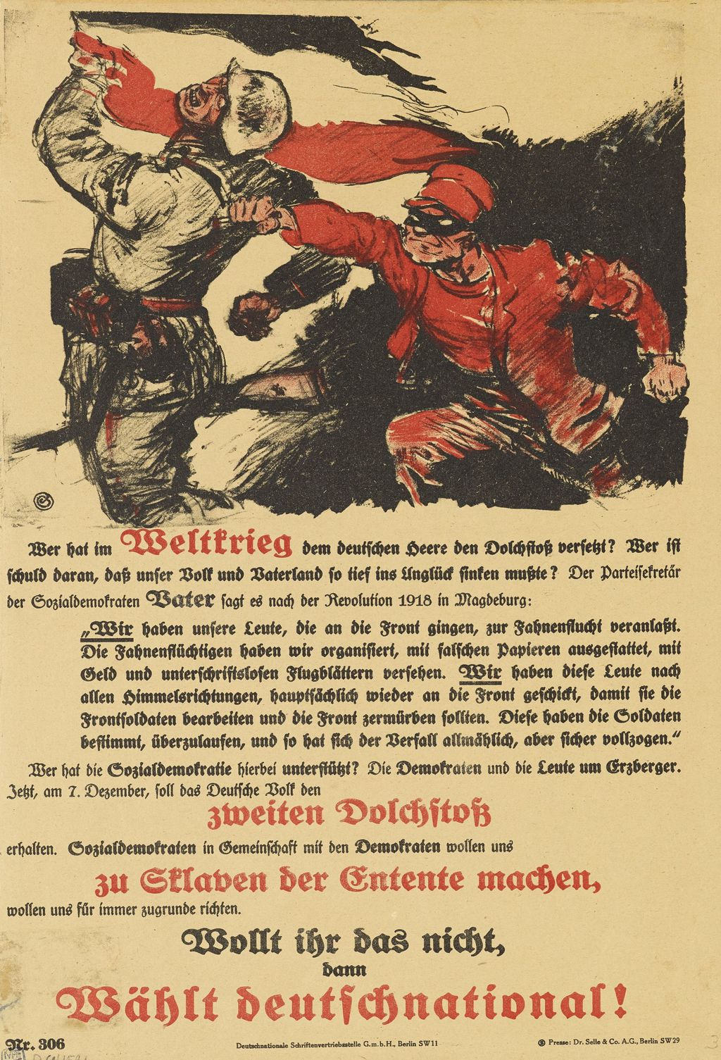 Faksimile eines Plakats mit einer roten Figur, die einen stahlbehelmten Soldaten von hinten erdolcht.  Dazu ein Text, der Aktivitäten zur Beendigung des ersten Weltkriegs als irgendwie schlecht denunziert.