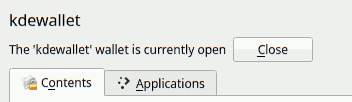 Screenshot: kdewallet with a close button and two (irrelevant) tabs.