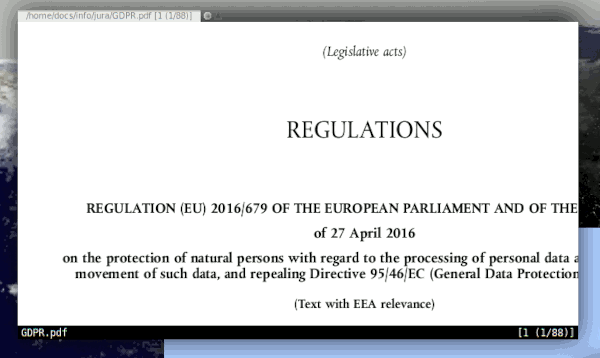 A window of the zathura PDF viewer showing the GDPR.