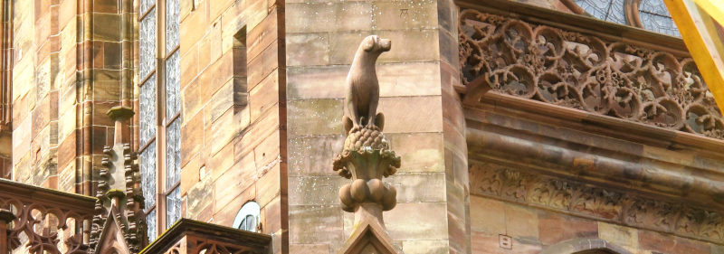 Eine Sandsteinfigur eines Hundes auf einer Turmspitze vor dem Hintergrund einer gotischen Fassade.