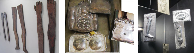 Drei Fotos nebeneinander, jeweils von stilisierten Körperteilen, ganz links in Holz, die beiden anderen in Metall getrieben.