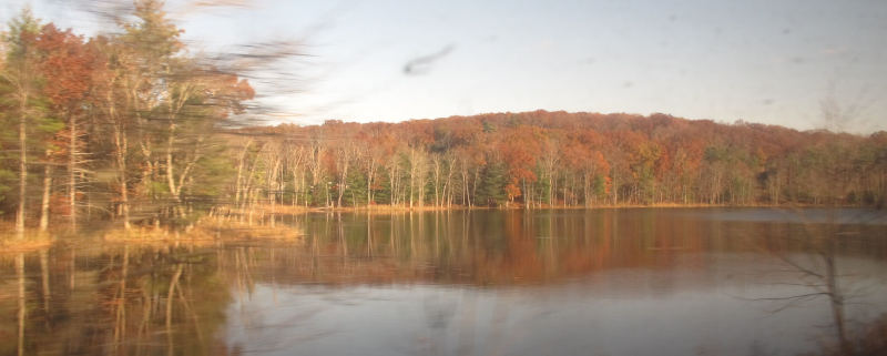 A lake with trees in (mild) autum colour behind it in warm-ish sunlight.  In the foreground a few motion-blurred structures.