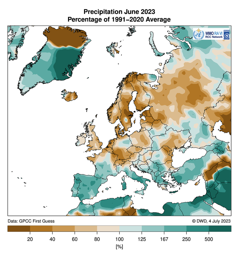 Europakarte mit Regenmengen für Juni 2023, braun ist zu trocken, und u.a. im Oberrheingraben und im türkisch-syrischen Erdbebengebiet ist es ziemlich braun.