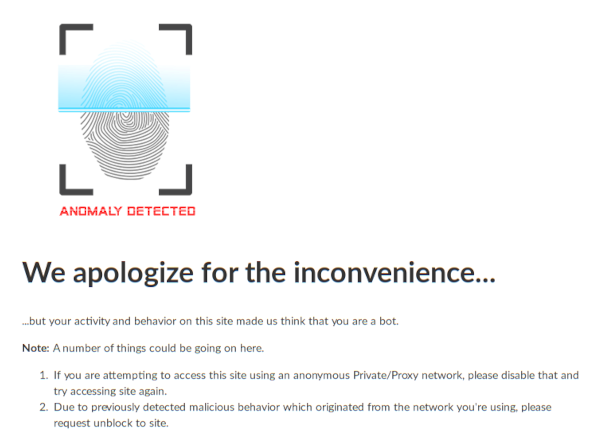 Screenshot einer Webseite mit einem Fingerabdruck mit blauem Schein und „Anomaly detected“ drüber.  Darunter etwas englisches Geschwätz mit der Punchline „made us think that you are a bot“.