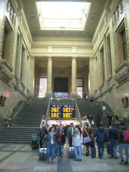 An obscene entrance hall with lots of columns, huge faux windows and all other hallmarks of fascist architecture.