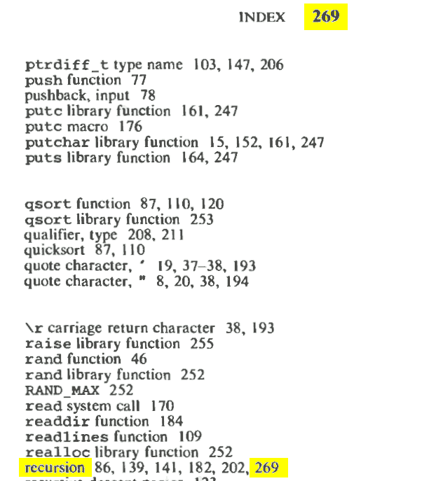 Ein Ausschnitt aus dem Stichwortverzeichnis eines englischsprachigen Buches, Seite 269.  Unter dem Stichwort „recursion“ findet sich die Seite 269.