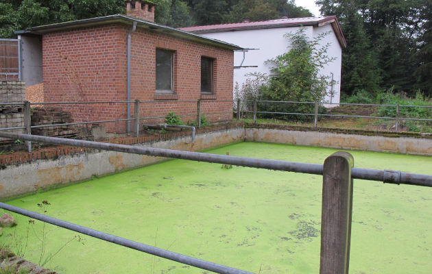 Ein grün bewachsenes, vielleicht 10 × 10 m großes Becken mit einem Geländer drumrum.  Dahinter ein recht moderne aussehnder kleiner, einstückiger Klinkerbau mit zwei Fenstern.