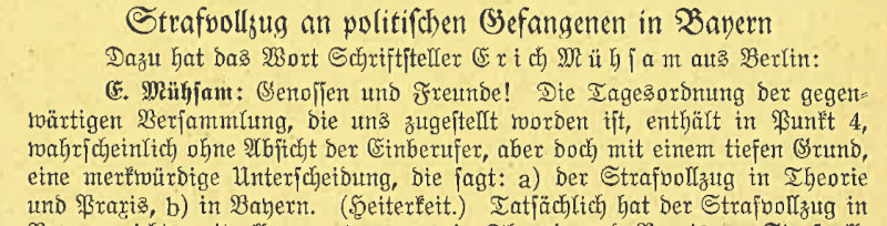 Kopf eines in Fraktur geschriebenen Artikels „Strafvollzug an politischen Gefangenen in Bayern“ von Erich Mühsam