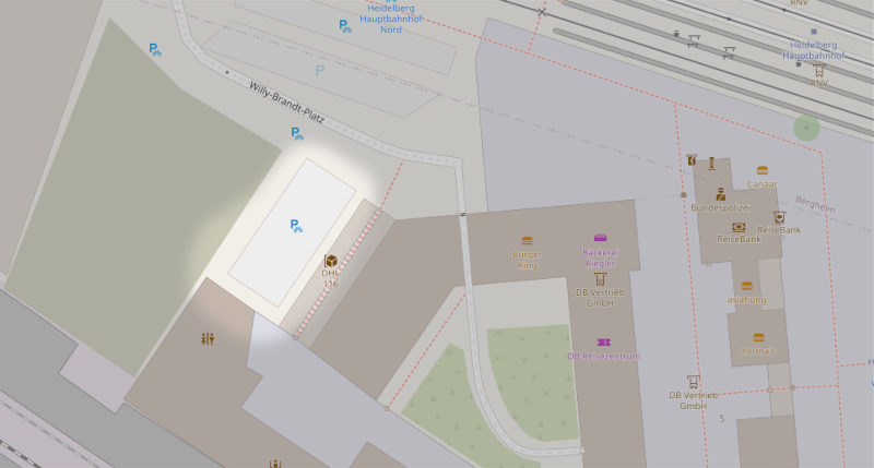 Ein Stück OpenStreetMap mit einem Stück des Heidelberger Hauptbahnofs. Als Highlight ist eine Fahrradabstellanlage gezeigt.