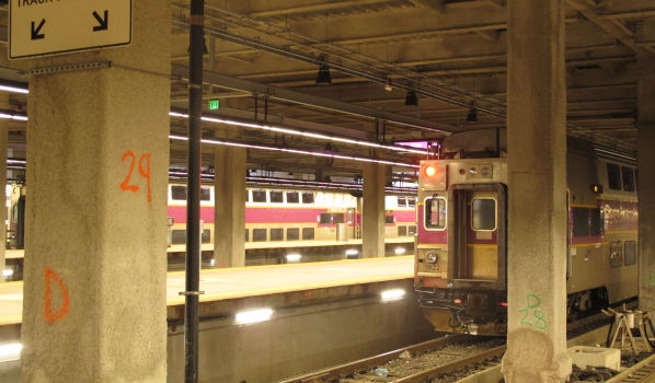 Grafittied concrete pillars holding up a low concrete ceiling; rails and train platforms with two somewhat dinosaur-looking trains on them.