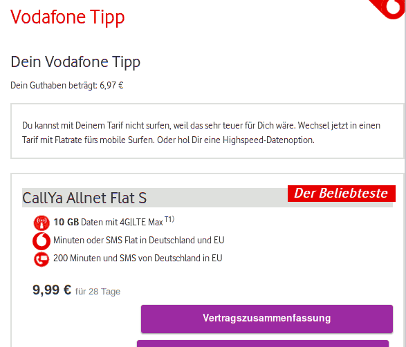 Screenshot einer Webseite mit dem Titel "Vodafone Tipp", etwas Text und dem Versuch, den KundInnen eine 10 GB Flatrate für 10 Euro anzudrehen.